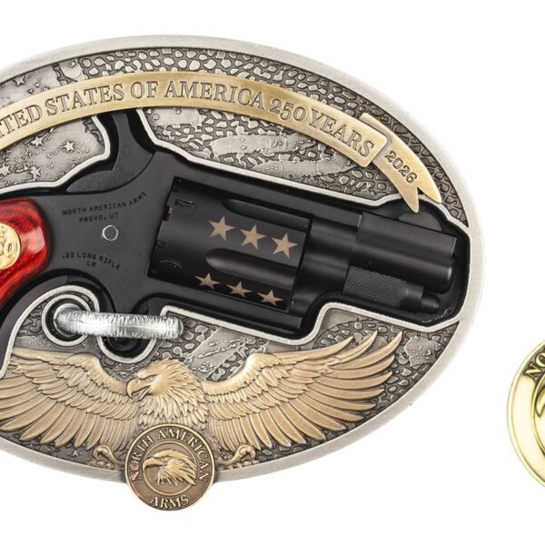 North American Arms 22LRBBO250 Mini-Revolver USA 250th Mini 22 LR 5 Shot 1.13″ Black Cerakote Barrel, Black Cerakote w/Bronze Stars Cylinder, Black Cerakote Stainless Steel Frame, Rosewood Birds Head
