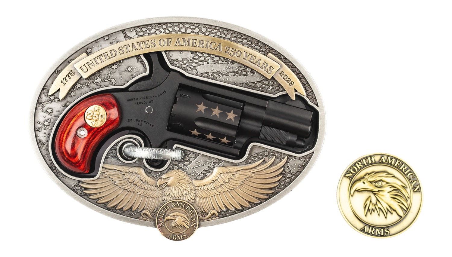 North American Arms 22LRBBO250 Mini-Revolver USA 250th Mini 22 LR 5 Shot 1.13" Black Cerakote Barrel, Black Cerakote w/Bronze Stars Cylinder, Black Cerakote Stainless Steel Frame, Rosewood Birds Head