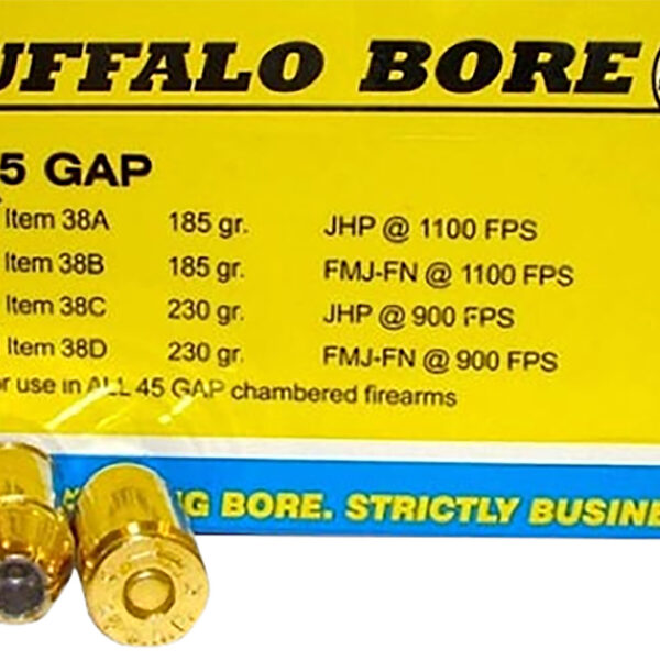 Buffalo Bore Ammunition 38A20 Personal Defense Strictly Business 45GAP 185gr Jacket Hollow Point 20 Per Box/12 Case