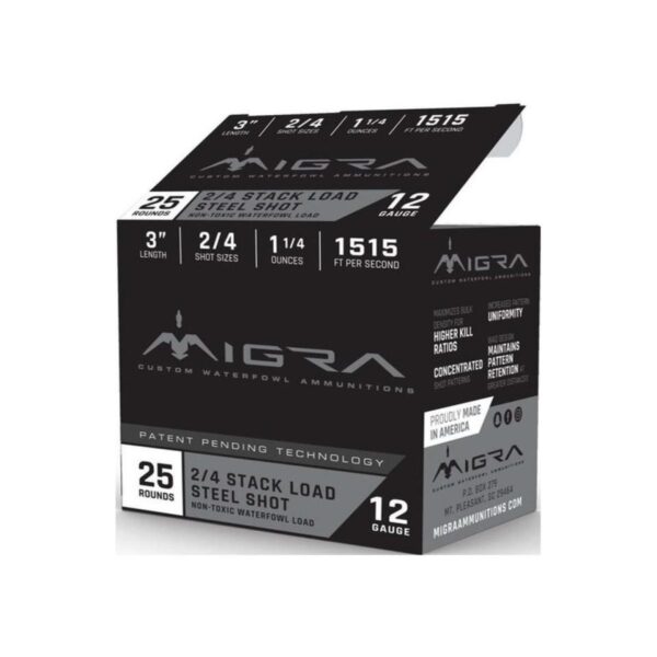 Migra Steel Waterfowl Stacked Shotshell 12ga 3″ 1-1/4 oz 1515 fps #2 & #4 25/ct