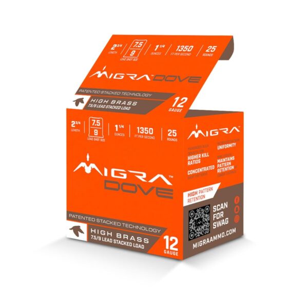 Migra Ultimate Dove Hi-Brass Lead Shotshells 12ga 2-3/4″ 1-1/4oz 1350 fps 1350 fps #7.5 & 9 Shot 25/ct