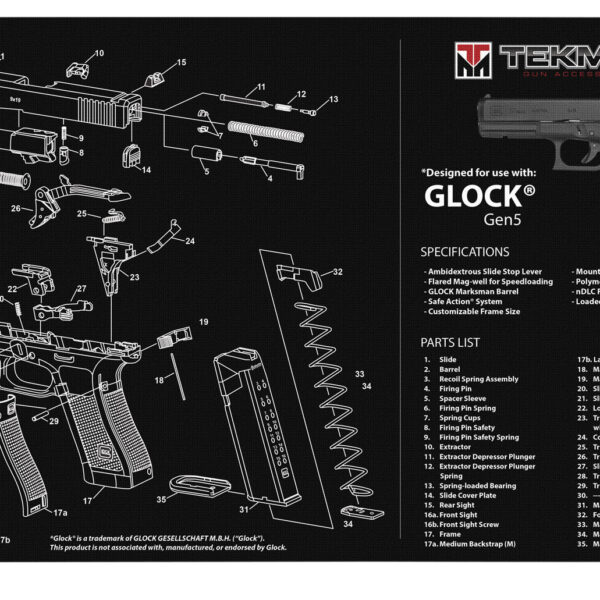 TekMat TEKR17GLOCKG5 Glock Gen5 Cleaning Mat Black/White Rubber 11″x17″ Glock Gen5 Parts Diagram