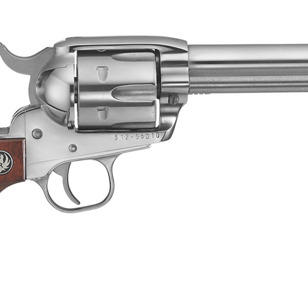Ruger 5104 Vaquero Medium Frame 45 Colt (Long Colt) 6rd 5.50″ High Gloss Stainless Steel Barrel, Cylinder & Frame, Hardwood Grip, Transfer Bar Safety, Exposed Hammer