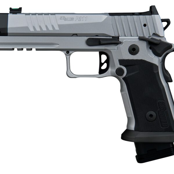 Sig Sauer 211F9GTOSILVER P211 Quicksilver Full Size 9mm Luger 23+1 4.40″ Stainless Bull w/MACH3D Compensator Barrel, Silver Cerakote Stainless Steel Integrated Compensator/Optic Ready/Serrated Slide &