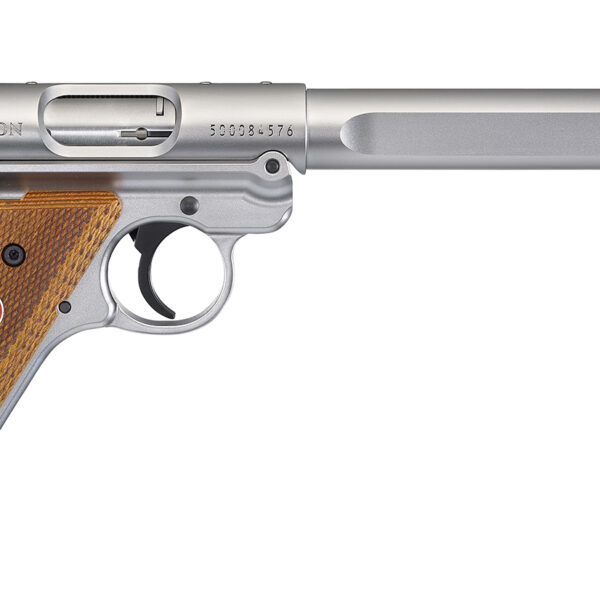 Ruger 40112 Mark IV Competition 22 LR 10+1 6.88″ Satin Stainless Slab-Sided Bull Barrel, Satin Stainless Steel/Optic Ready Slide, Checkered Laminate w/Thumbrest Grip