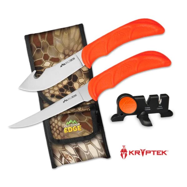 Outdoor Edge WildBone Two-Knife Combo with Sharpener 5″ Boning Blade & 4″ Skinner Blade Orange