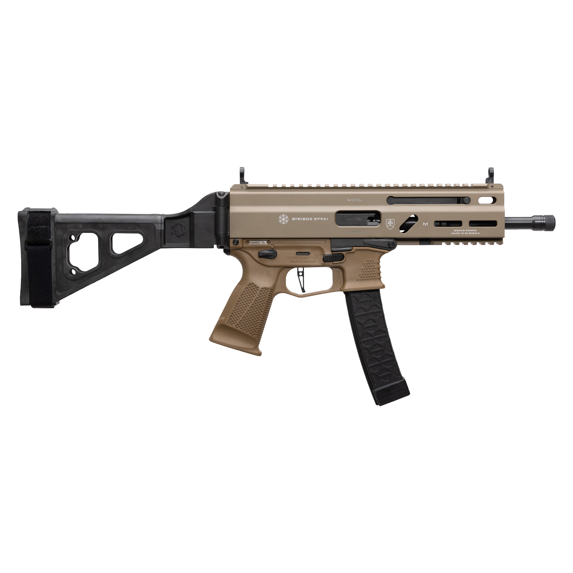 GRAND POWER STRIBOG SP9A1 9MM PISTOL 8" BARREL THREAD STRIBOG PATTERN MAG W/ BRACE FDE
