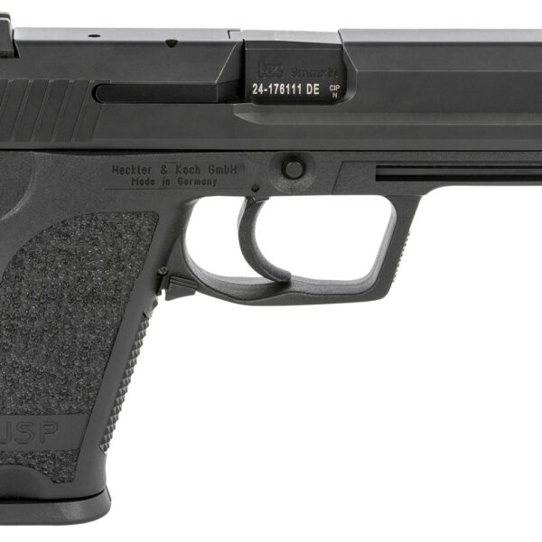 HK 81000309 USP V1 SA/DA 9mm Luger Caliber with 4.25″ Barrel, 10+1 Capacity, Overall Black Finish, Serrated Trigger Guard Frame, Serrated Steel Slide & Polymer Grip Includes 2 Mags