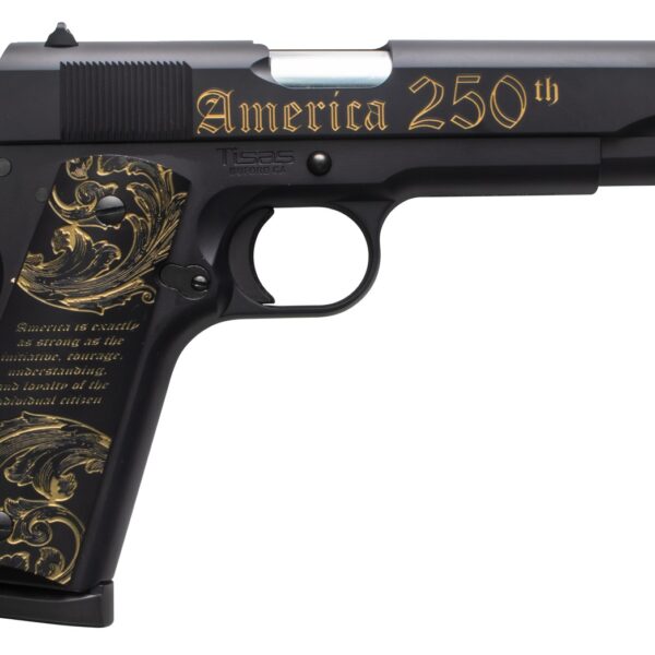Tisas Arms 10100518US250 1911 America’s 250th Full Size 45 ACP 7+1 5″ Stainless Barrel, Black w/Gold Engraving Steel Serrated Slide, Black w/Gold Engraving Steel Frame w/Beavertail, Black w/Gold Accen