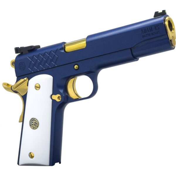 Dickinson LLC DKSN45SM Adam 1911 Sapphire Full Size 45 ACP 8+1 5″ Gold Barrel, Blue Sapphire Steel Slide & Frame w/Beavertail White Grip