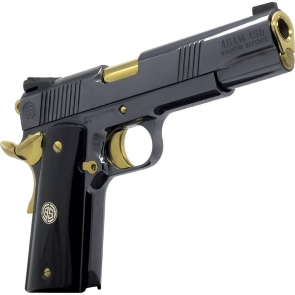 Dickinson LLC DKSN45AB Adam 1911 Acoustic Full Size 45 ACP 8+1 5″ Gold Barrel, Shiny Black Steel B Serrations Slide, Shiny Black Steel Frame w/Beavertail