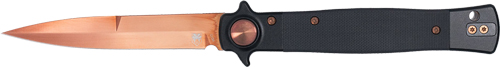 COBRATEC STILETTO 4″ ROSE GOLD – BLADE BLACK G-10 BUTTON LOCK