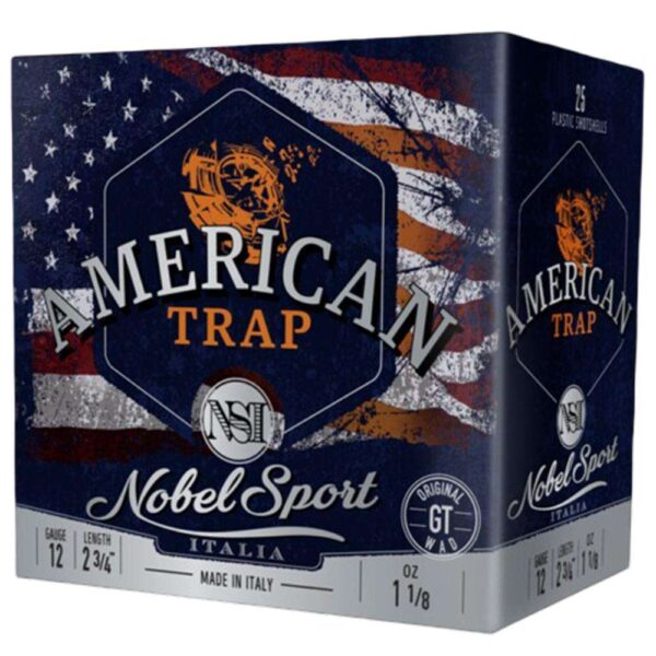 Nobel NSI American Trap Shotshell 12 ga 2-3/4″ 1-1/8 oz 1145 fps #8 25/ct