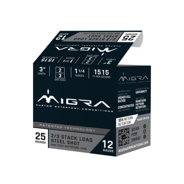 Migra Steel Waterfowl Stacked Shotshell 12ga 3″ 1-1/4 oz 1515 fps #2 25/ct