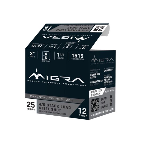 Migra Steel Waterfowl Stacked Shotshell 12ga 3″ 1-1/4 oz 1515 fps #4 & #6 25/ct
