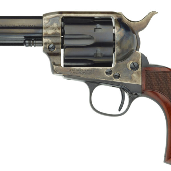 Taylors & Company 555132 1873 Cattleman 357 Mag Caliber with 3.50″ Blued Finish Barrel, 6rd Capacity Blued Finish Cylinder, Color Case Hardened Finish Steel Frame & Checkered Birdshead Walnut Grip