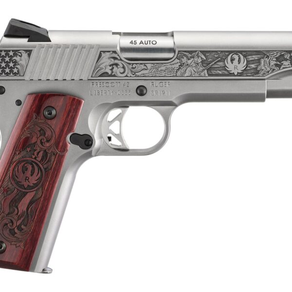 Ruger 16707 SR1911 250th Anniversary 45 ACP 8+1 5″ Stainless Steel Barrel, Low-Glare Stainless Steel Serrated Slide & Frame w/Beavertail, Custom Wood Engraved Grip