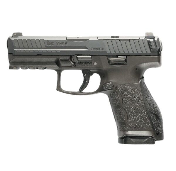 HK 81001239 A1 K-B Compact Frame 9mm Luger 10+1 4.03″ Steel Optic Ready Slide. Black Polymer Frame w/Picatinny Rail. Textured Grip