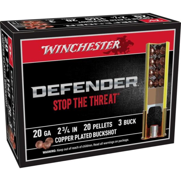 Winchester Copper Plated Defender Shotshell 20 ga 2-3/4″ 20 pellet 1145 fps #3 10/ct