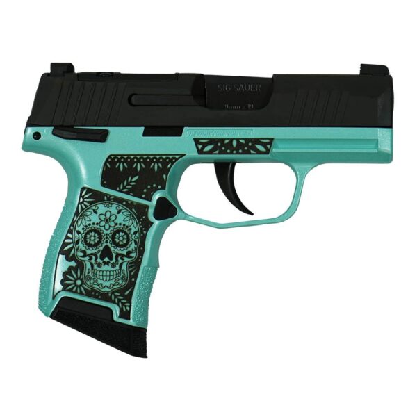 Sig Sauer “Sugar Skull Robin’s Egg Blue Glitter” P365 Optic Ready Handgun 9mm Luger 10rd Magazines(2) 3.1″ Barrel X-RAY 3 Sights Manual Safety